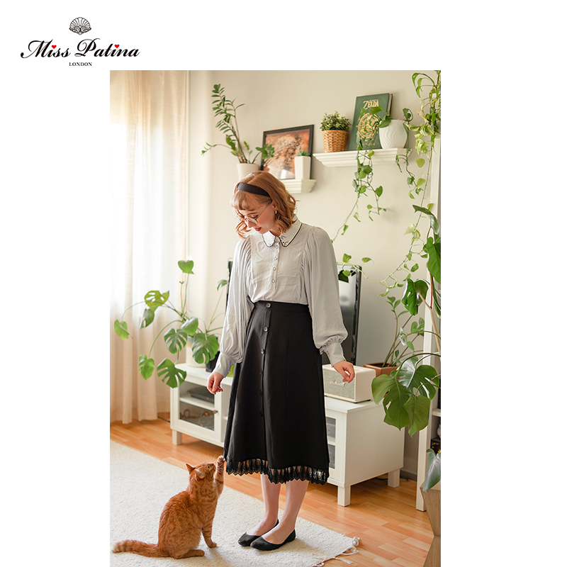 英伦蕾丝优雅蕾丝边纯黑半裙复古