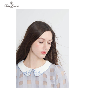 上衣 格子复古灰蓝色短袖 MP英伦复古原创设计 人鱼猫咪刺绣领经典