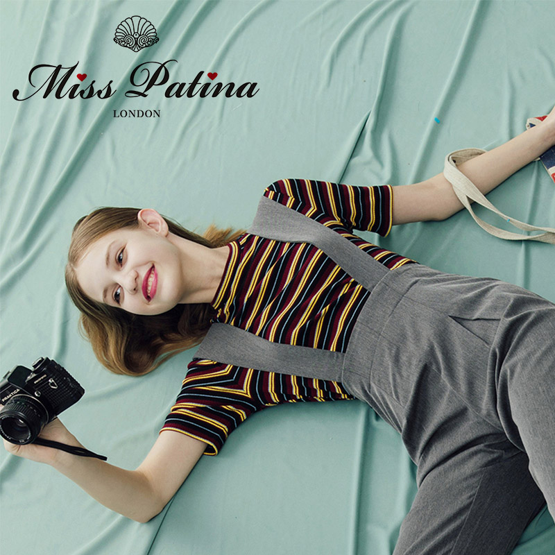 MP英伦复古原创 彩虹糖色间条螺纹弹性修身舒适短袖打底T恤女