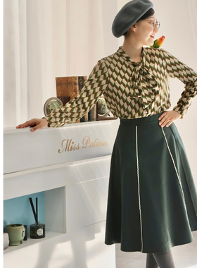 MP英伦复古墨绿色A字裙百搭中长款半身裙显瘦秋季新款