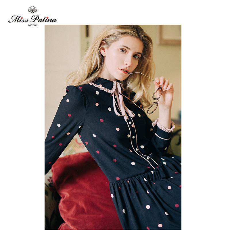 英伦复古彩色波点彼得潘领连衣裙