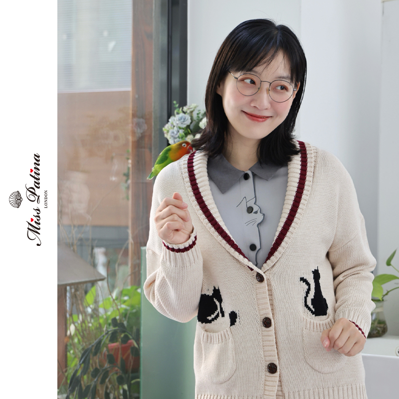 MP英伦复古原创设计复活款学院风猫咪图案青果领针织开衫毛衣宽松