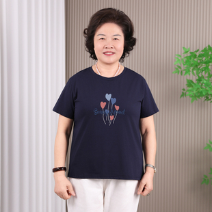 妈妈t恤短袖夏装女士中年人纯棉老年人体恤特大码妈妈装宽松小衫