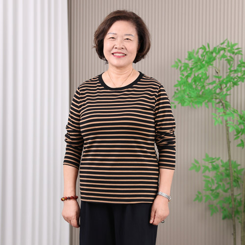 中年妈妈秋装长袖t恤条纹上衣