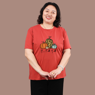 纯棉短袖t恤衫女士2025新款夏宽松加肥加大码中老年妈妈印花上衣