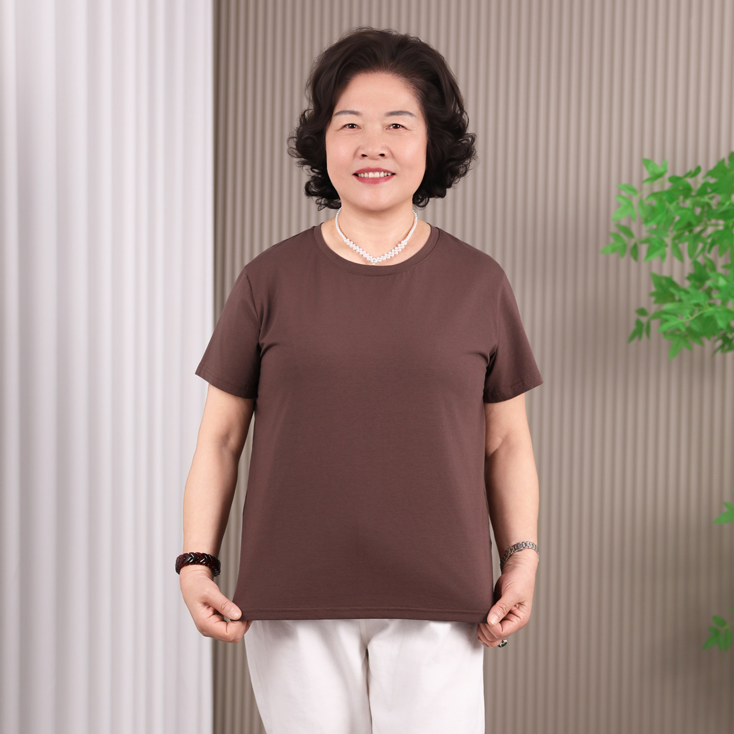中老年人纯棉秋衣60岁妈妈高弹宽松打底衫薄款家居服短袖T恤小衫