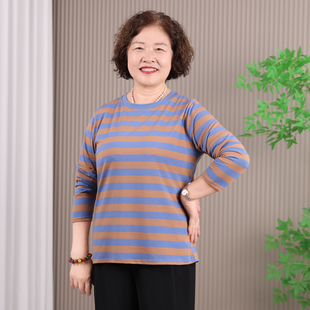 中老年人女装妈妈宽松大码纯棉长袖t恤春秋条纹打底衫可外穿秋衣