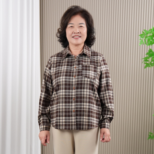 小个子妈妈磨毛格子衬衫女中老年春秋冬复古长袖宽松加厚衬衣外套