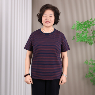 妈妈春夏装条纹打底衫大码宽松纯棉正肩T恤中老年女夏季吸汗小衫