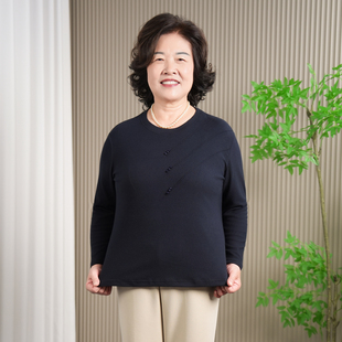 中老年女士圆领秋衣60岁70妈妈高弹宽松打底衫春秋长袖薄款家居服