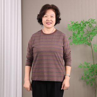 休闲上衣中老年妈妈条纹秋衣打底衫 大码 t恤女2025春秋装 纯棉长袖