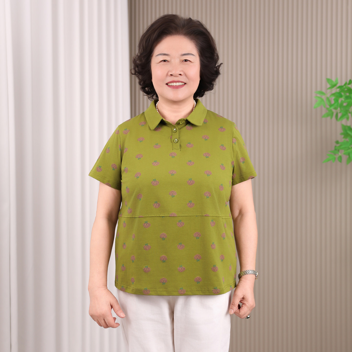 妈妈款夏装洋气绿色上衣中年妇女短袖POLO衫中老年翻领t恤小衫棉
