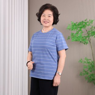 老年人夏装女短袖T恤70奶奶条纹衣服夏季上衣老太太妈妈纯棉汗衫