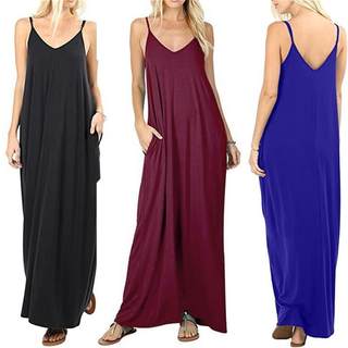 Fashion 2020 Sling Deep V Pure Color Women&#39;s Dress