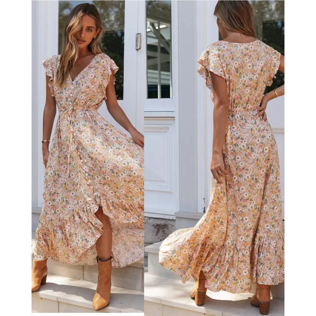 领印花连衣裙单排扣不规则收腰