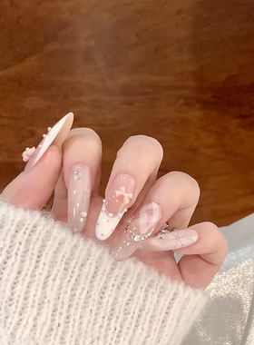 温柔甜美粉嫩穿戴甲蝴蝶结法式高级感轻奢美甲显白春夏波点雪花