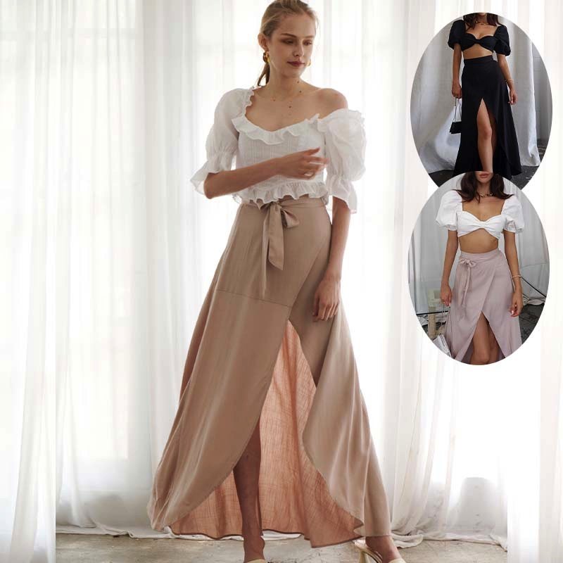 runaway 蝴蝶结泡泡袖短款上衣包裹式开衩中长半身裙 出清不退換