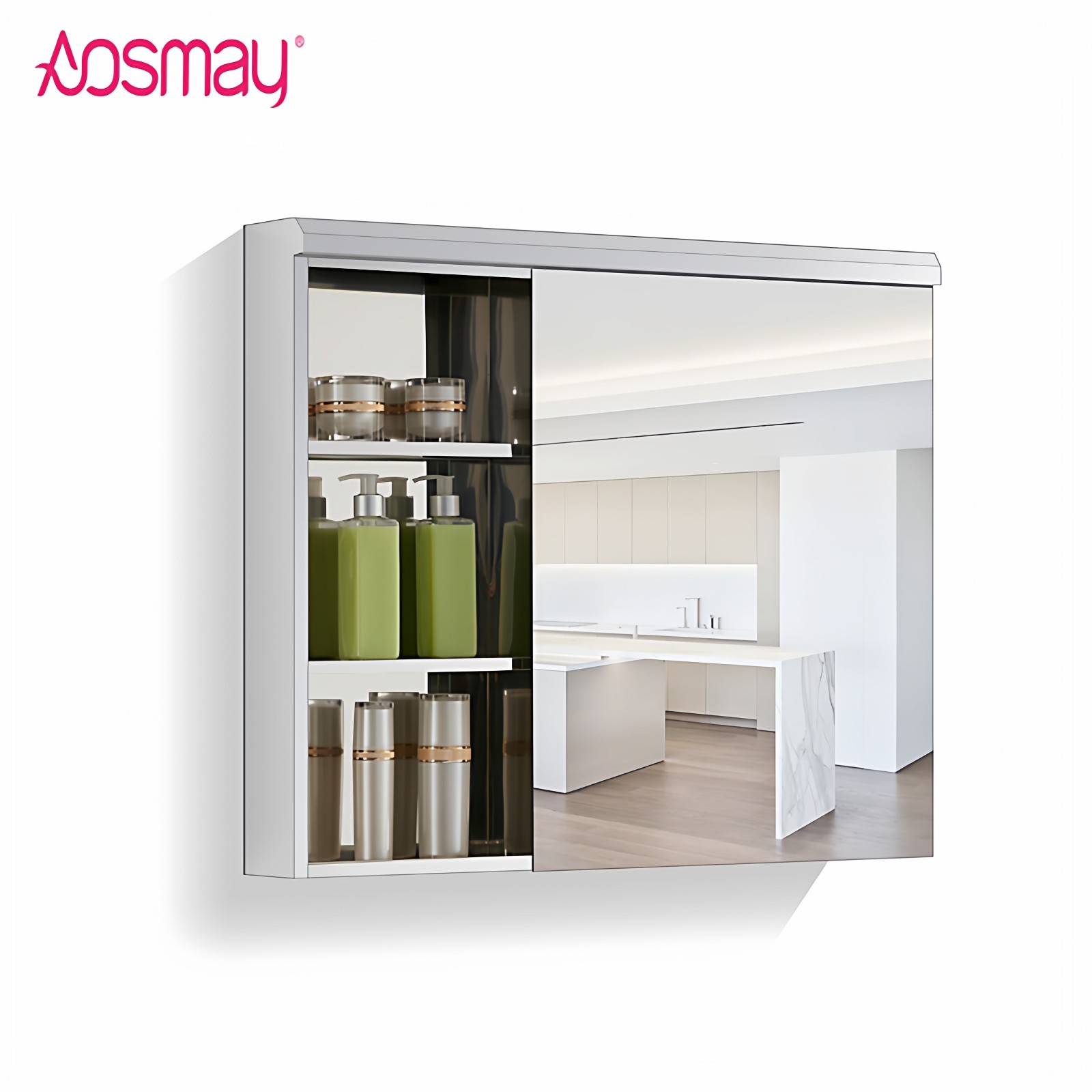 澳思美浴室镜柜不锈钢带置物架卫浴镜子柜洗手间收纳镜子挂墙式