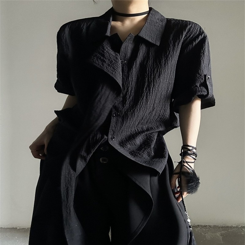 2025设计感飘带短袖衬衫法式复古风黑白色山本风夏季衬衣