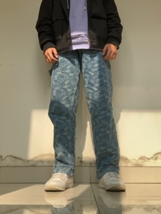美式满印街头嘻哈腰果花提花刺绣HIPHOP宽松肥大男女款蓝色牛仔裤