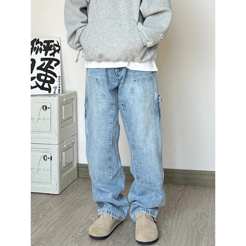 ins嘻哈美式复古vibe水洗做旧直筒牛仔裤男 夏季休闲阔腿裤伐木裤