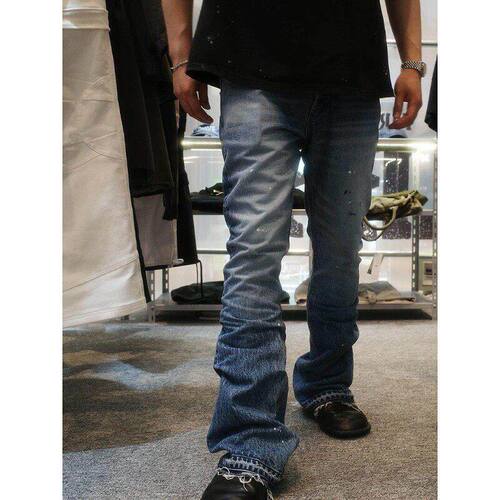 美式做旧Far archive水洗牛仔复古做旧涂鸦微喇男女宽松磨边长裤