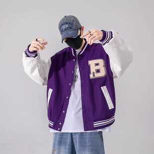 秋季新品美式复古oldschool棒球服男潮牌pu拼接刺绣炸街外套ins潮