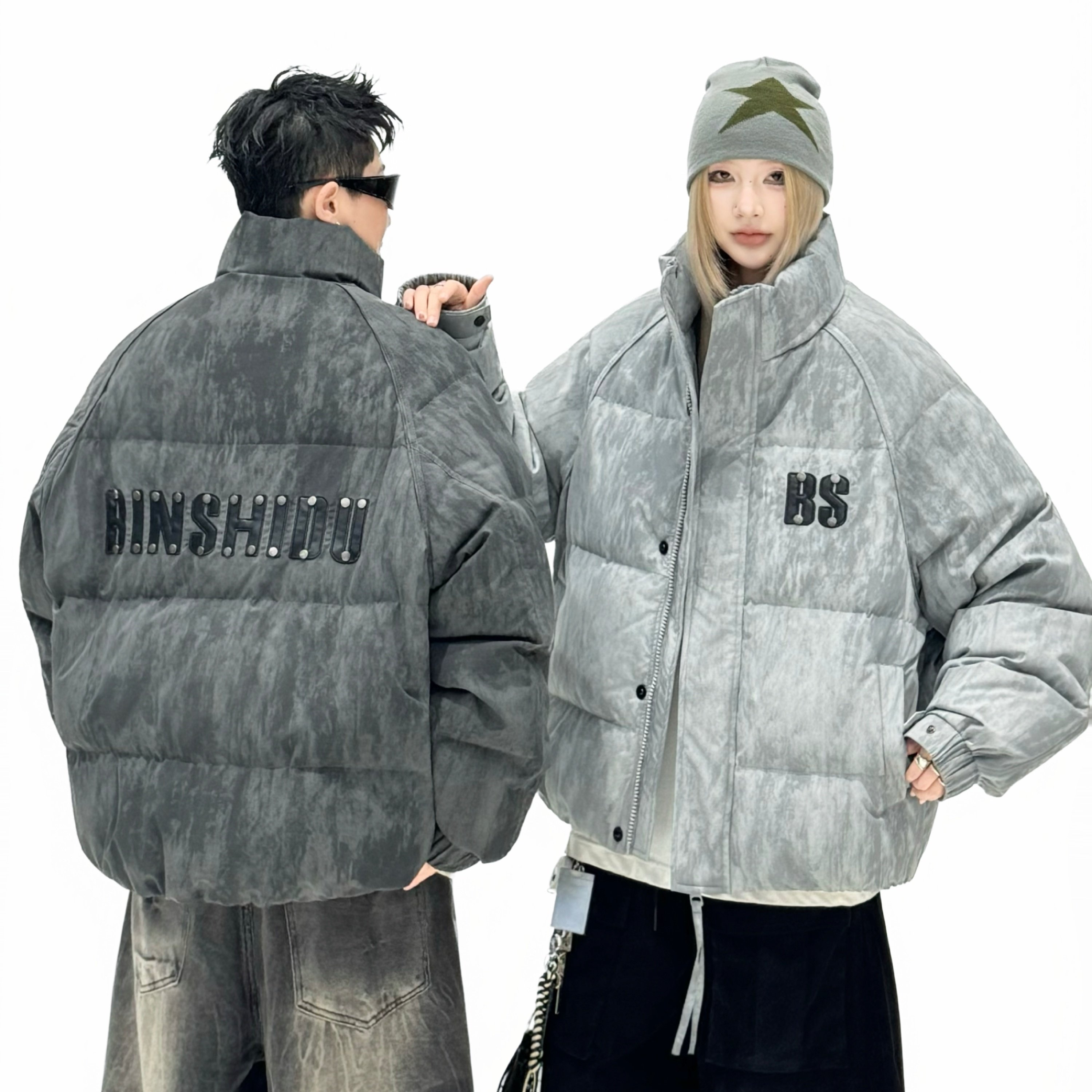 潮牌铆钉皮字母刺绣立领学生羽绒服男2025冬季宽松休闲保暖鸭绒服,男装,羽绒服,淘宝优惠券,粉丝福利购,淘宝优惠卷