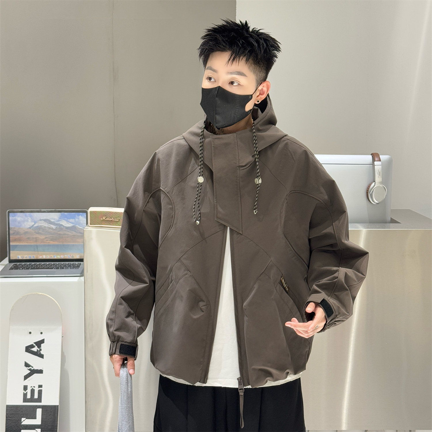 潮牌纯色结构款工装连帽夹克男2025秋季宽松休闲青年痞帅百搭外套