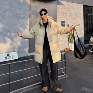 潮牌中长款连帽简约保暖羽绒服外套男2025冬季宽松休闲青年鸭绒服