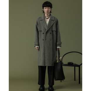 羊毛大衣男秋冬韩版休闲高级感设计师中长款西装领双面呢羊绒外套