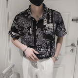夏威夷印花衬衫男夏季社会小伙沙滩短袖ins男士痞帅衬衣8811，男装T恤，电商C208