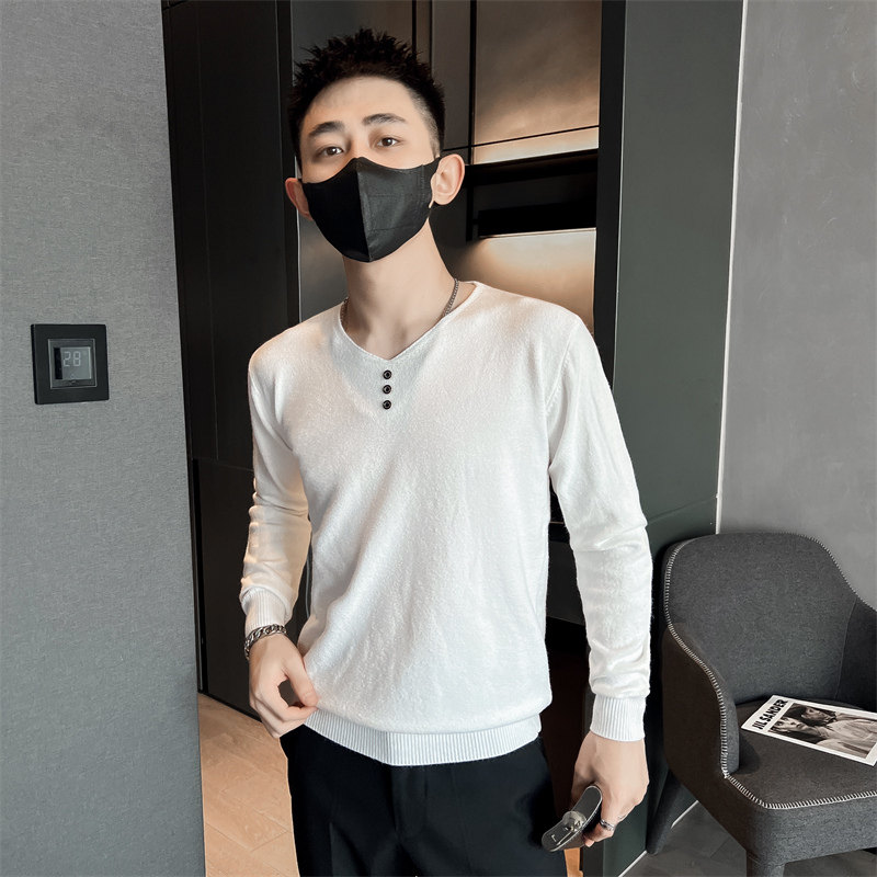 青少年学生鸡心领纯色针织衫韩版修身套头男士白色毛衣C203-8847图片