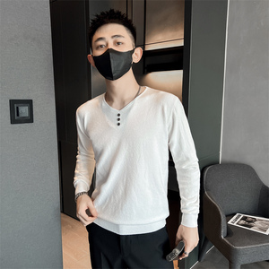 青少年学生鸡心领纯色针织衫韩版修身套头男士白色毛衣C203-8847图片