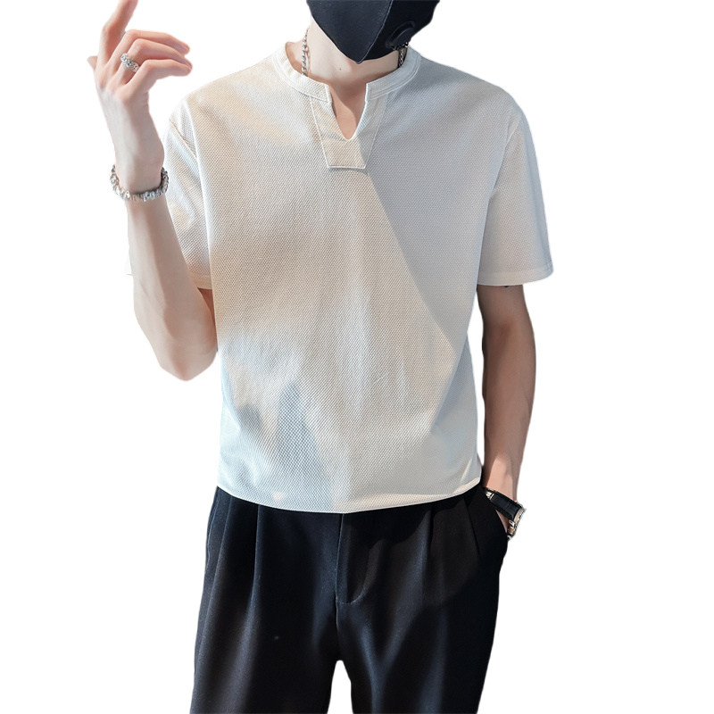 社会小伙夏季男士短袖体恤纯色V领潮流半袖t恤男C203-8872-特P48,男装T恤,电商C208