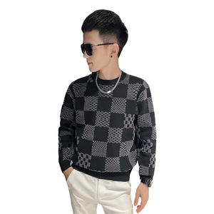 社会小伙秋冬季男士圆领套头针织衫时尚修身型格子毛衣C203-8838图片