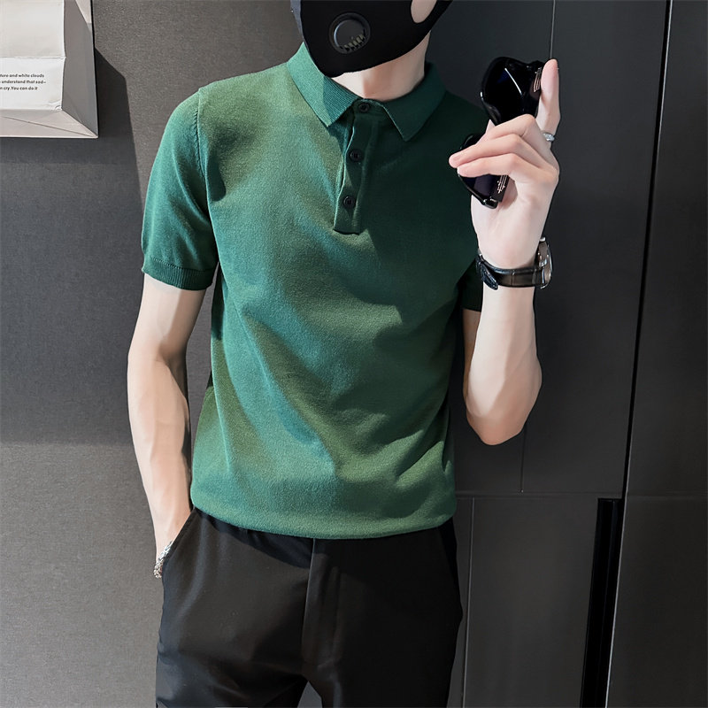 精神小伙夏季短袖polo衫纯色翻领t恤男绿色针织衫C203-8866-特P48图片