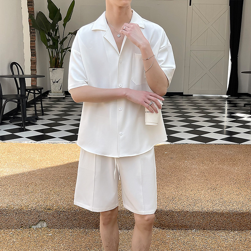 2025夏季新款男士白色套装轻熟风短袖短裤两件套C208-8874-P88图片