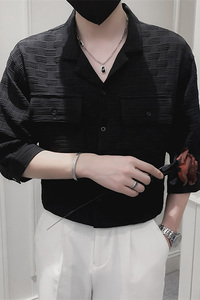 店主风夏季新款男士黑色短袖衬衫百搭多口袋衬衣男C203-8818P68图片