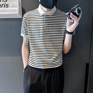 2025夏季新款男士商务翻领Polo衫时尚条纹短袖t恤男C203-8863-P58图片
