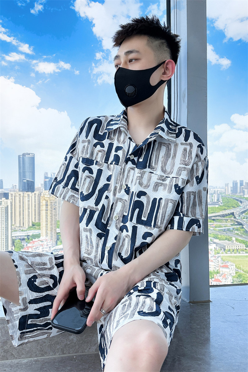 社会小伙夏季男士短袖短裤套装男半袖花衬衫两件套C208-8884-P88,男装牛仔裤,电商C208