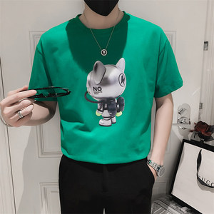 精神小伙夏季卡通印花短袖t恤青少年绿色圆领休闲体恤男C203-8822图片