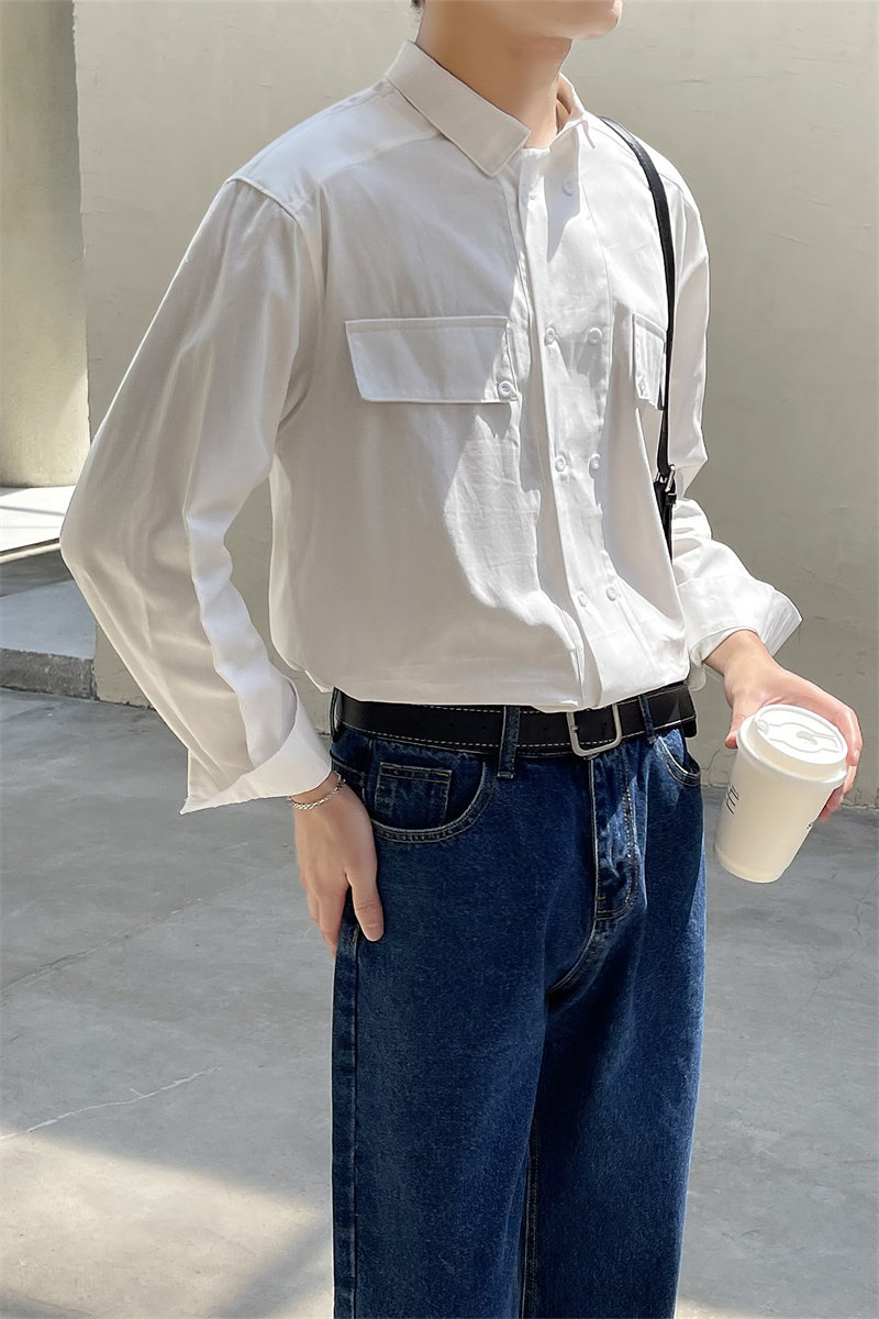 青春流行春秋季长袖休闲纯色衬衫男轻奢风白色尖领上衣C203-1069,男装衬衫,电商C208