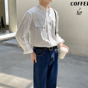 青春流行春秋季长袖休闲纯色衬衫男轻奢风白色尖领上衣C203-1069，男装衬衫，电商C208