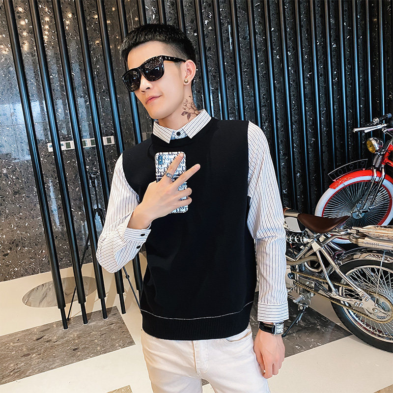 社会小伙秋冬季男士假两件针织衫条纹衬衣毛衣外套C203-5123特P78,男装针织衫/毛衣,电商C208