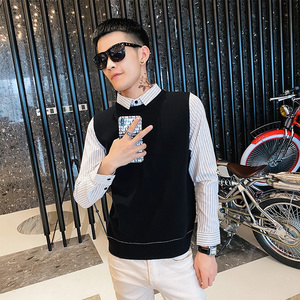 社会小伙秋冬季男士假两件针织衫条纹衬衣毛衣外套C203-5123特P78