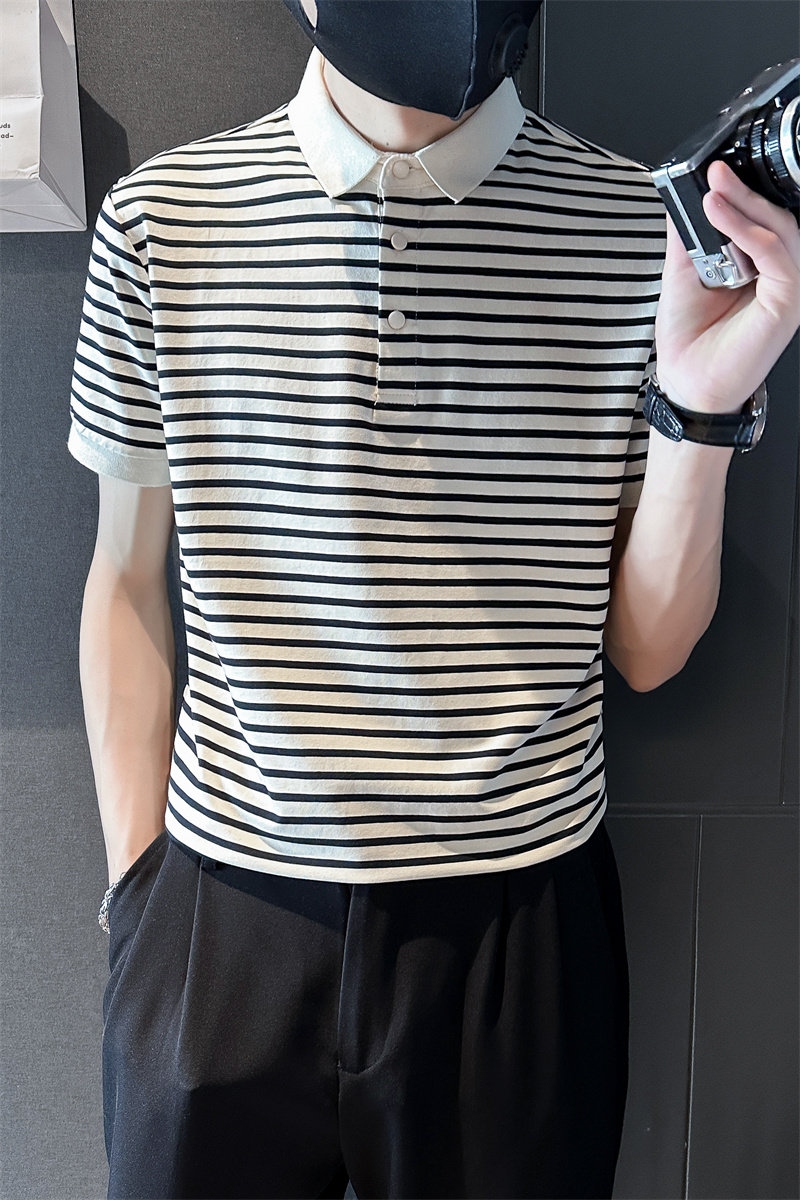 2025夏季新款男士商务翻领Polo衫时尚条纹短袖t恤男C203-8863-P58,男装T恤,电商C208
