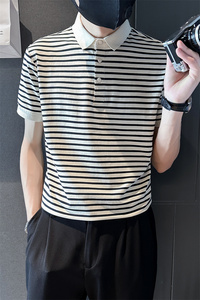 2025夏季新款男士商务翻领Polo衫时尚条纹短袖t恤男C203-8863-P58图片