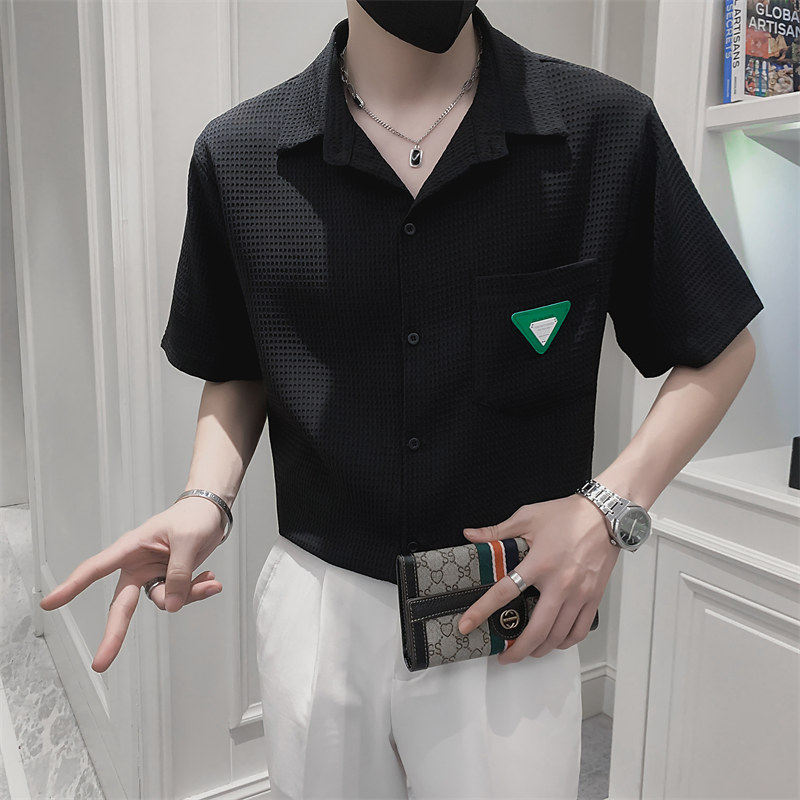 社会小伙夏季尖领纯色衬衫青年流行薄款短袖男士上衣C203-8819P58，男装T恤，电商C208