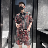 社会小伙夏季男士短袖短裤套装男半袖花衬衫两件套C208-8884-P88，男装牛仔裤，电商C208